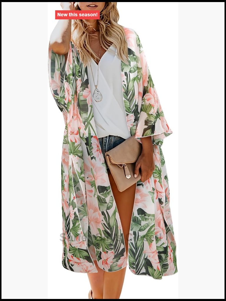 Boho Flowy Long Kimono Cardigan 3/4 Sleeve Sheer Beach Cover Up